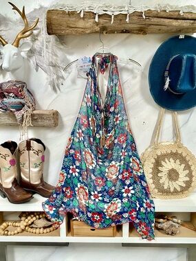 Flower power hippy halter cover up tunic top w granny farmhouse beach vibe